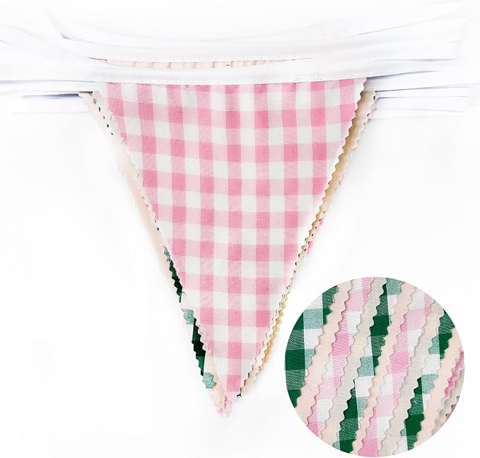 32Ft Pink Green Gingham Camp Bride Banner Green Pink Plaid Checkered Fabric - Image 2