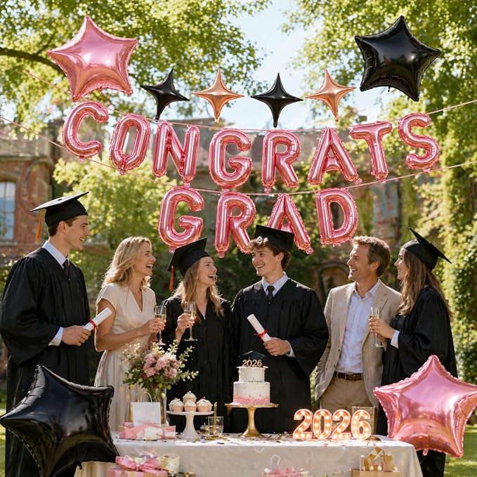 Congrats Grad Balloons, 16 Inch Rose Gold Black Congrats Grad Letters Banner - Image 6