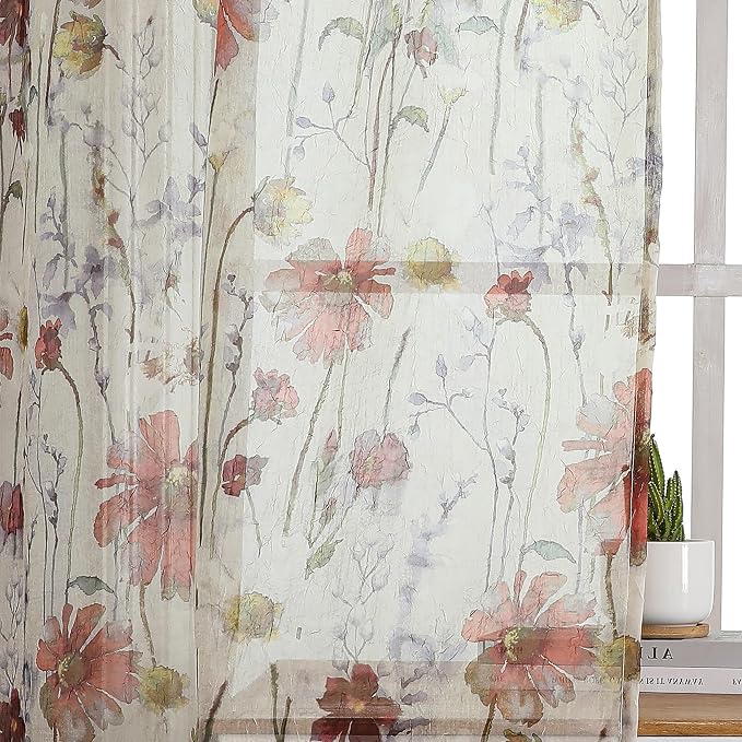 Crushed Sheer Cafe Curtains Kitchen Tiers 30 Inch Length 2 Panels, Printed - Image 6