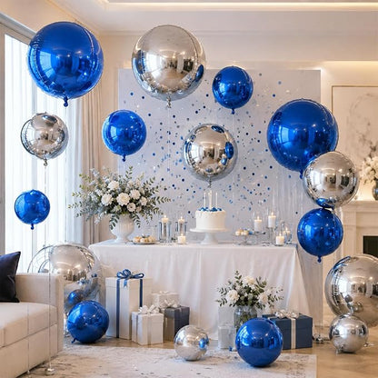 15 Pcs Navy Blue and Silver Round Foil Balloons, 22/15/10 Inch 4D Ball Balloons - Image 5