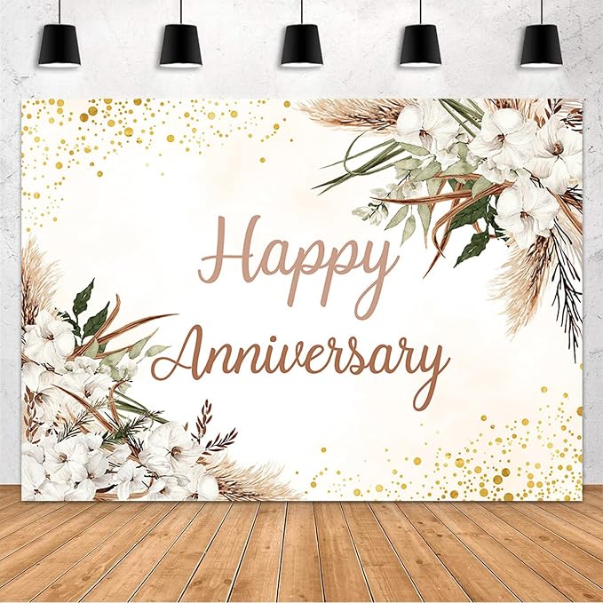 MEHOFOND Boho Happy Anniversary Backdrop White Floral Bohemia Pampas Grass by MEHOFOND
