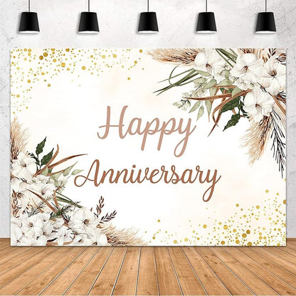 MEHOFOND Boho Happy Anniversary Backdrop White Floral Bohemia Pampas Grass by MEHOFOND