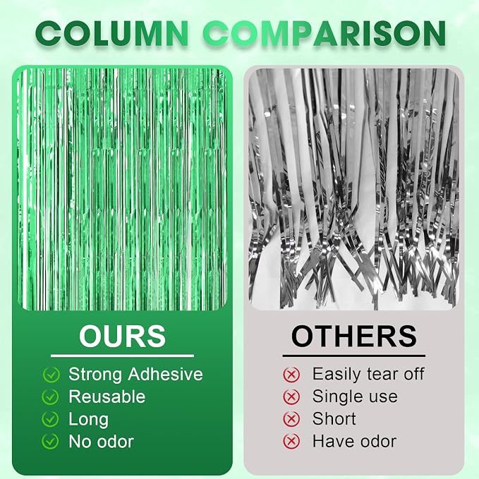 Voircoloria Laser Green Foil Fringe Backdrop Curtains, 3 Pack | Tinsel Streamers - Image 6