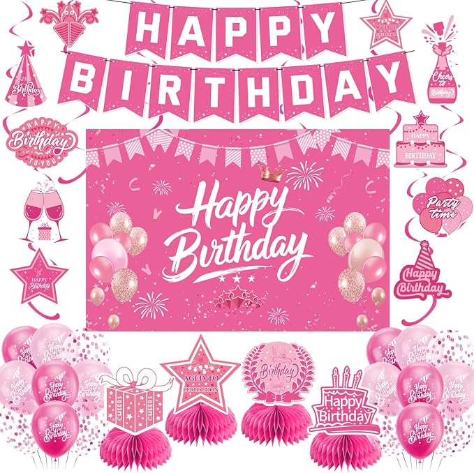 Pink Birthday Decorations for Women | Pre-Strung Happy Birthday Banner by Unknown