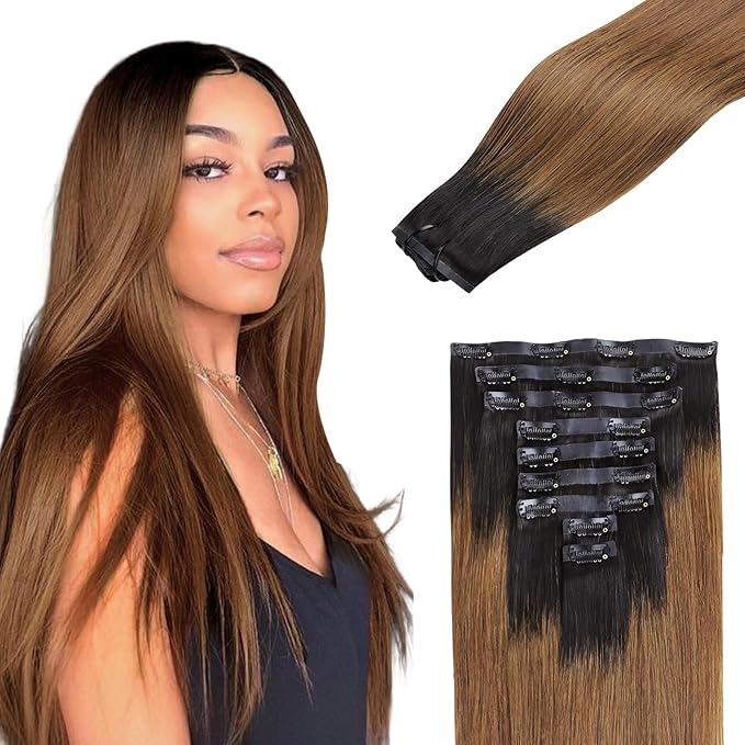 Lashey Seamless Clip in Hair Extensions Human Hair 150g 9pcs 22 Inch Ombre Natural Black to Medium Auburn Straight Clip in Hair Extensions for Women