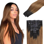 Lashey Seamless Clip in Hair Extensions Human Hair 130g 9pcs 16 Inch Ombre Natural Black to Medium Auburn Straight Hair Extensions Clip ins with Soft PU Weft