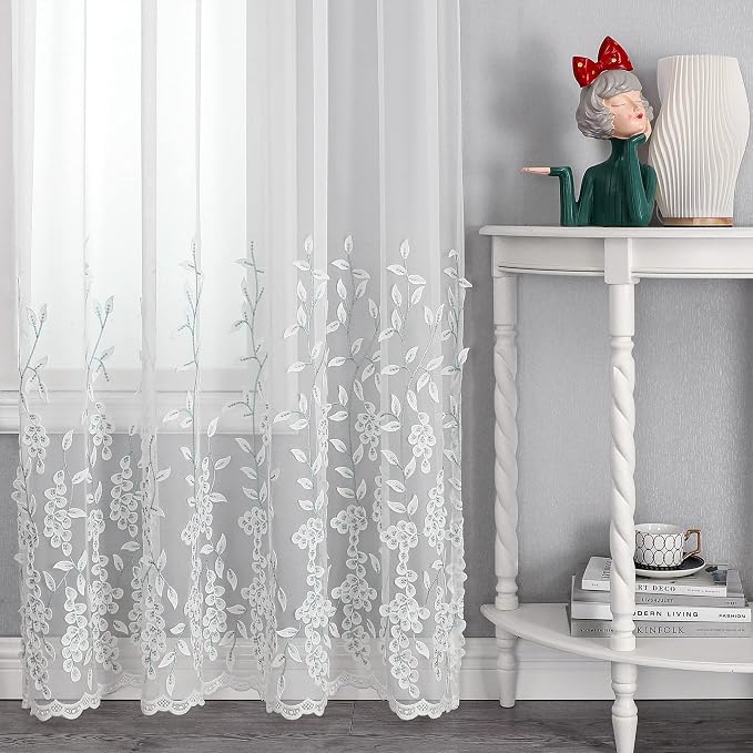 White Sheer Voile Curtains White Embossed Leaves 54Wx84L Inch | Light Filtering - Image 5