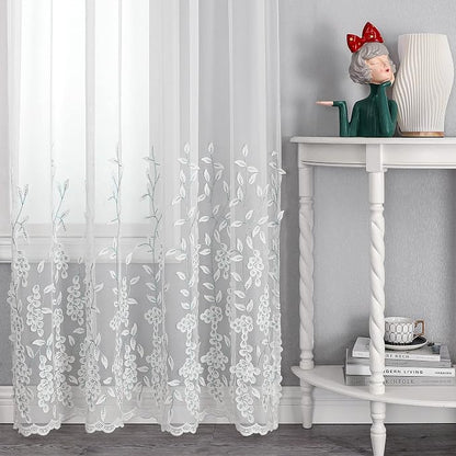 White Sheer Voile Curtains White Embossed Leaves 54Wx84L Inch | Light Filtering - Image 5