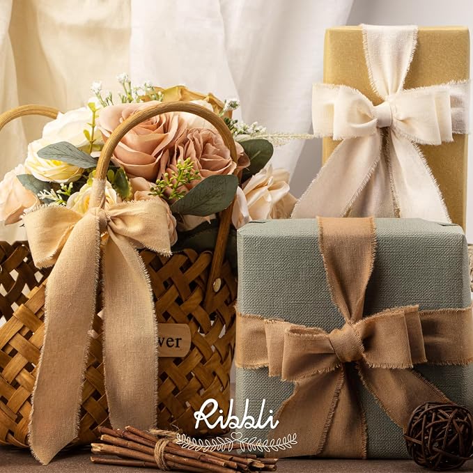 Ribbli 3 Rolls Beige Ribbon 1.5 Inch x 18Yards Ivory Nude Khaki Handmade Cotton - Image 2