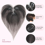 Hairro Human Hair Toppers with Side Bangs, 3D 360° Seamless Real Hair Toppers, Hand-Tied with 3.5"x4.7" T-shaped Base, Clip-In Hairpieces to Add Volume on Top, 11 Inch Natural Black