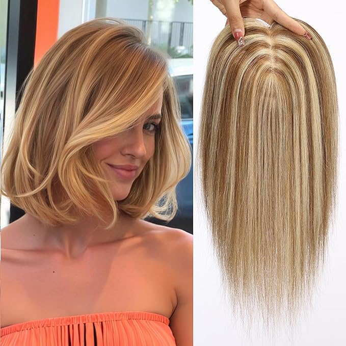 HAIRCUBE Hair Toppers For Women With Thinning 5"*5" Large Base Real Hair Toppers For Women, 14 Inch For Hand-Woven, 60g, Silk, Natural, Realistic, Use Daily, Hairloss,Brown Mixed Blonde, No bangs