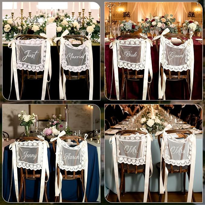 2 Pcs Personalized Sheer Lace Wedding Chair Sign - Image 4