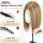 Large MONO Top Hair Toppers for Women Remy Human Hair 14 Inch 6"x7" Big Base Partial wig Cover Thinning Hair or Loss No Bangs Natural Wiglets(Light Brown Highlights)