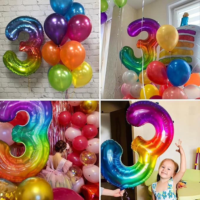40 Inch Rainbow Number Balloon 3, Large Number Foil Balloons Mylar - Image 7