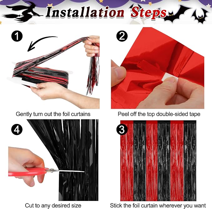 ZATAYE 4 Pack Black Red Halloween Foil Curtain Streamer Decorations | Black Red - Image 3