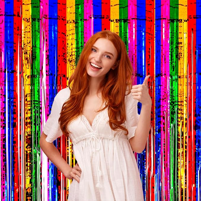 Voircoloria Rainbow Foil Fringe Backdrop Curtains, 3 Pack | Tinsel Streamers - Image 7