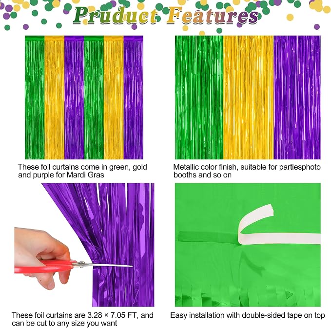 ZATAYE 2 Pack Purple Gold Green Foil Curtain Streamer Decorations | Purple Gold - Image 4