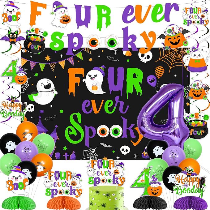 Halloween 4th Birthday Party Decorations Four Ever Spooky Backdrop Banner by Blisstock