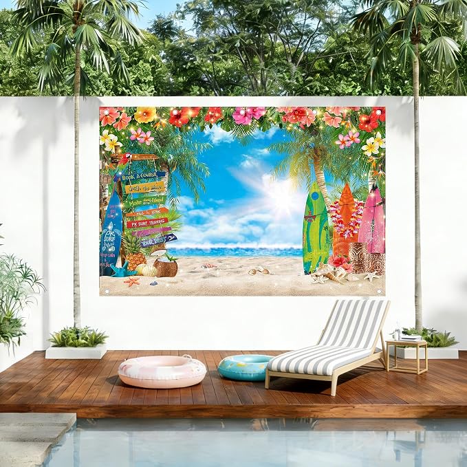 12x8ft Summer Hawaiian Beach Photography Tropical Luau Backdrop | Flower Palm - Image 2