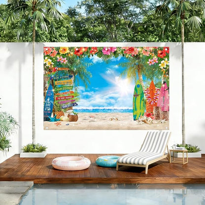 12x8ft Summer Hawaiian Beach Photography Tropical Luau Backdrop | Flower Palm - Image 2