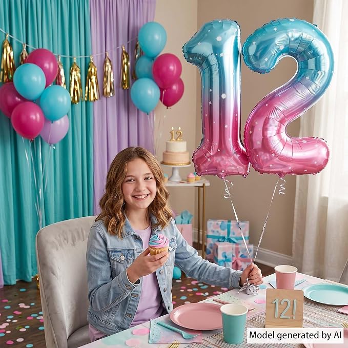 40 Inch Blue Pink Number 12 Balloon, Ombre Foil Tween Birthday Party Decor | - Image 6