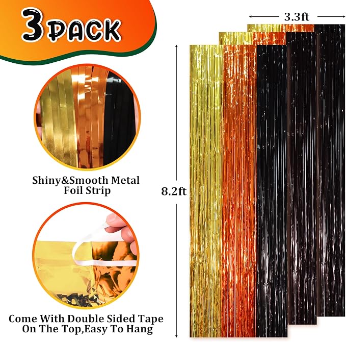 Voircoloria Black Gold Orange Fringe Backdrop Curtains, 3 Pack | Tinsel - Image 2