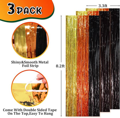 Voircoloria Black Gold Orange Fringe Backdrop Curtains, 3 Pack | Tinsel - Image 2