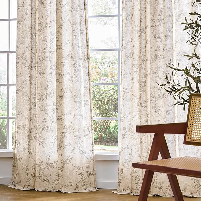 Grey Vintage Floral Linen Curtains Farmhouse 50W X 63L 2 Panels | Elisa Series - Image 7
