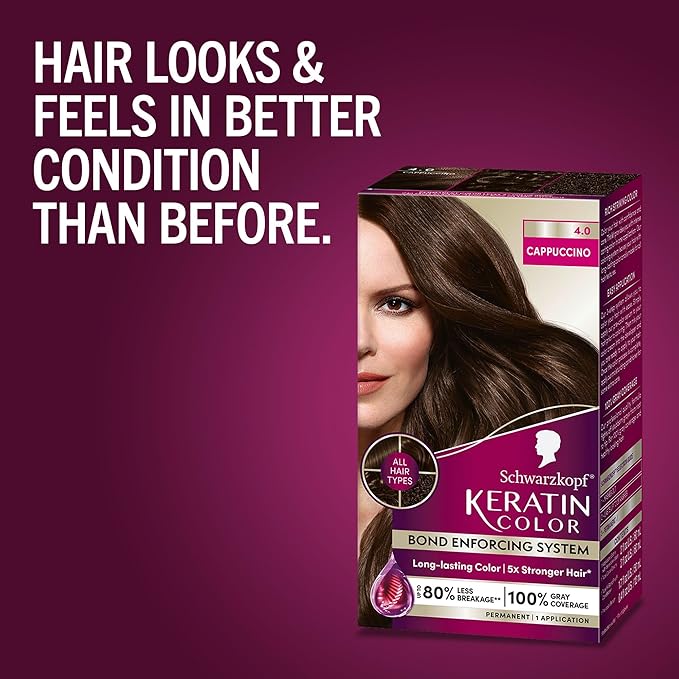 Schwarzkopf Keratin Permanent Hair Dye Cream, 4.0 Cappuccino, Professional Quality Color for Up to 100% Gray Coverage, Bond Enforcing System