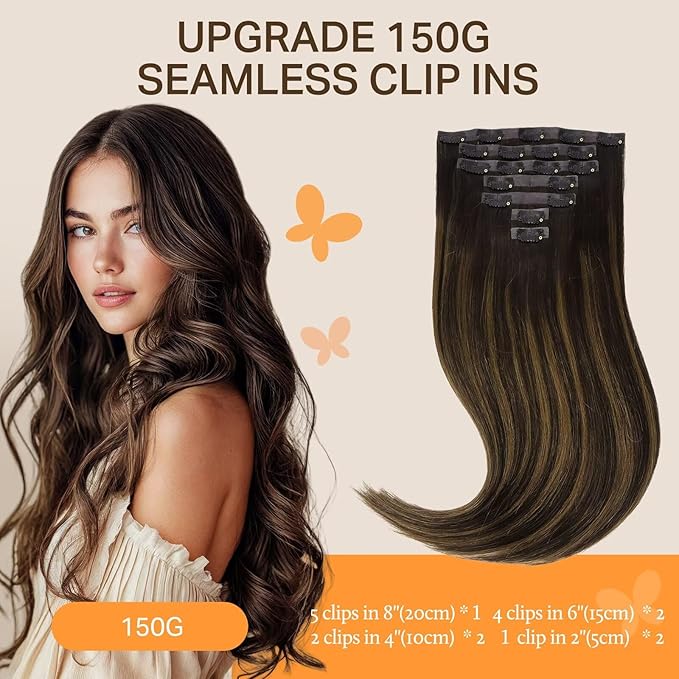 DOORES Clip in extensions - Real Human Hair with Invisible Edge, Dark Brown to Chestnut Brown 22 Inch 150g 7pcs, Straight Natural Virgin Hair