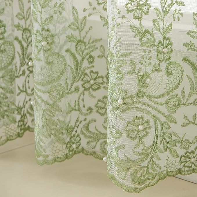 White Sheer Voile Curtains Green Embossed Butterflies 72 Inches | Light - Image 6
