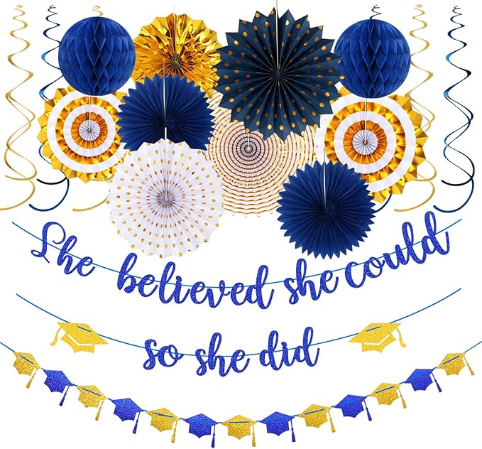 Navy-Blue Gold Party-Decorations Graduation Banner-Streamers by Panduola