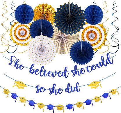 Navy-Blue Gold Party-Decorations Graduation Banner-Streamers by Panduola