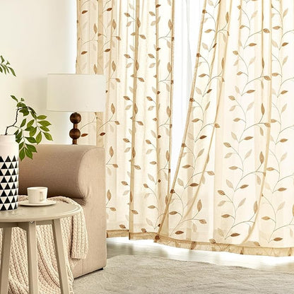 MIULEE Khaki Sheer Curtains 2 Panels Embroidered Leaf Patterned, W52 x L96 | - Image 3