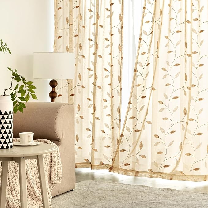 MIULEE Khaki Sheer Curtains 2 Panels Embroidered Leaf Patterned, W52 x L45 | - Image 3