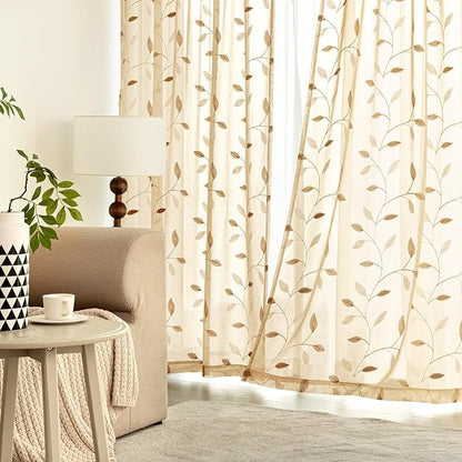 MIULEE Khaki Sheer Curtains 2 Panels Embroidered Leaf Patterned, W52 x L45 | - Image 3