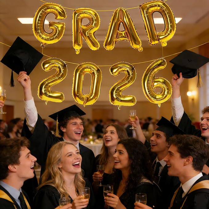 Gold GRAD 2026 Banner Balloons, 16 Inch Mylar Foil letter Graduation Balloons - Image 4