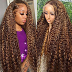 13x6 Highlight Deep Wave Lace Front Wigs Human Hair 210% Density Deep Curly Human Hair Wig Pre Plucked 28inch P4/27 Ombre HD Lace Frontal Wigs for Women