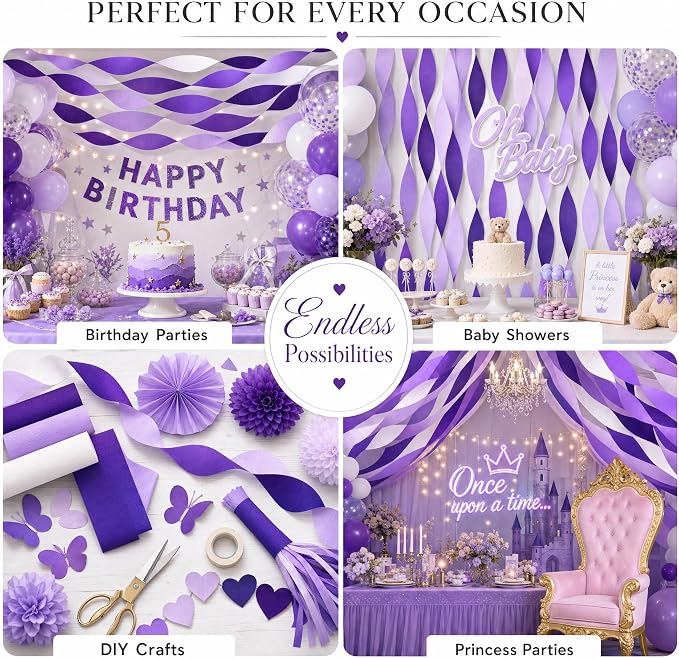 8 Purple Streamers with White, 656ft Pack of Crepe Paper Party Decorations | - Image 5