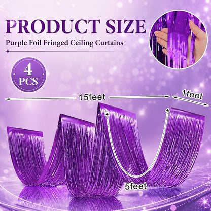 4 Pcs Purple 15ft Metallic Foil Ceiling Fringe Curtains, Party Decor Fringe - Image 2
