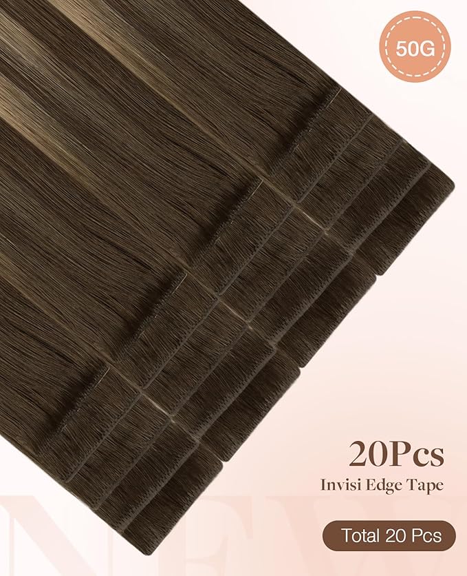 GOO GOO Invisi Edge Tape in Hair Extensions Human Hair, 4/27/4 Balayage Chocolate Brown to Caramel Blonde 20pcs 20inch 50g, Virgin Remy Hair, Seamless Injected Tape, Natural Look