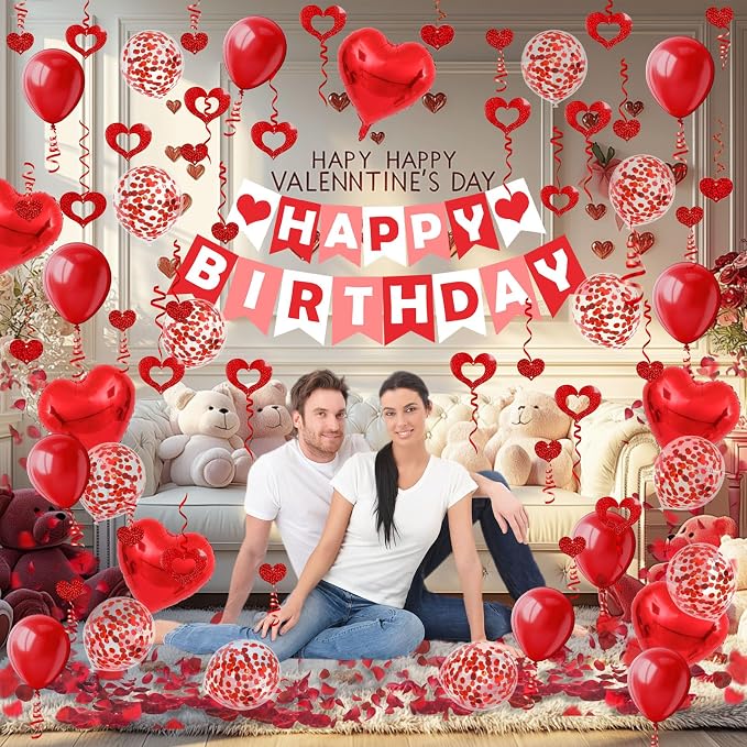 FECEDY Red Happy Birthday Banner Heart-Shaped Aluminum Foil Balloon Round Latex - Image 3