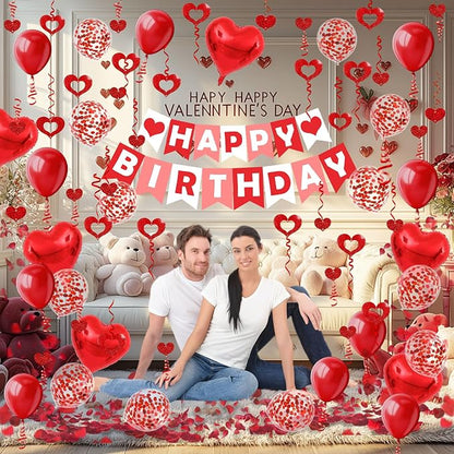 FECEDY Red Happy Birthday Banner Heart-Shaped Aluminum Foil Balloon Round Latex - Image 3