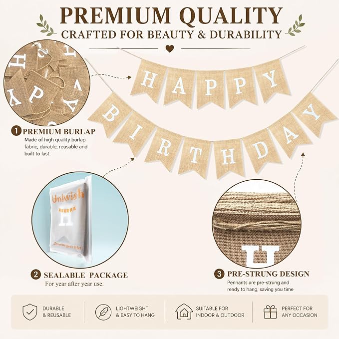 Uniwish Happy Birthday Burlap Banner Neutral Birthday Party Decorations | - Image 3