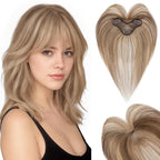 Hairro Clip In Bangs For Women Remy Short Thin Wispy Hair Topper Hairpieces 3D Cover Fake Highlight Bangs Hair Clip 11 Inches 14.5g #4P27 Medium Brown Mix Dark Blonde