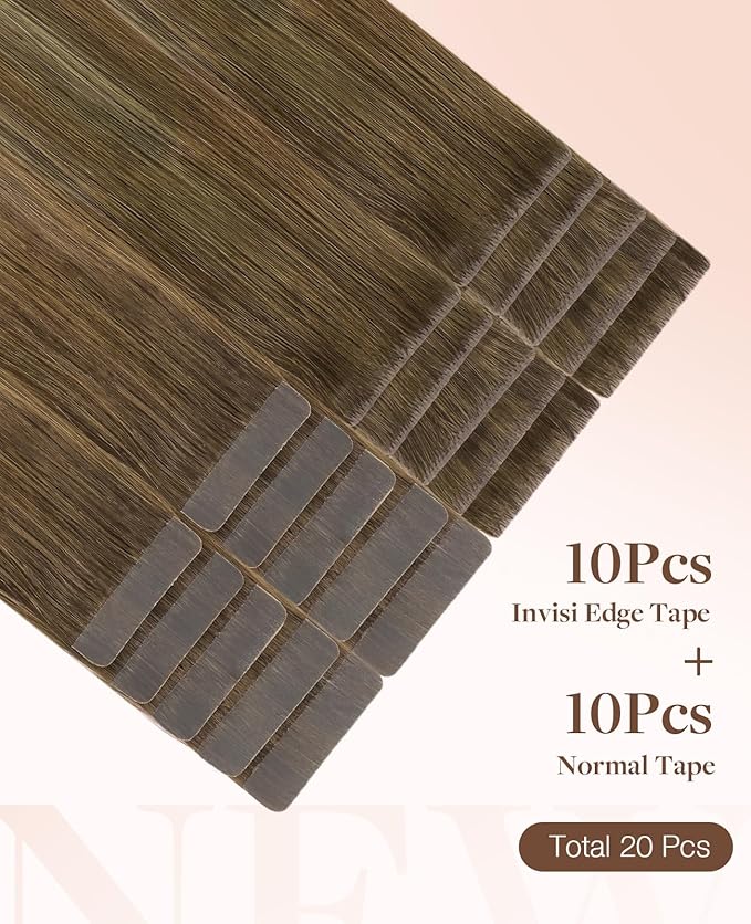 GOO GOO Invisi Edge Tape in Hair Extensions Human Hair, 3/8/613 Walnut Brown to Ash Brown and Bleach Blonde 10pcs injected with 10pcs classical tape ins, 22inch 50g, Virgin Remy Hair, Natural Look
