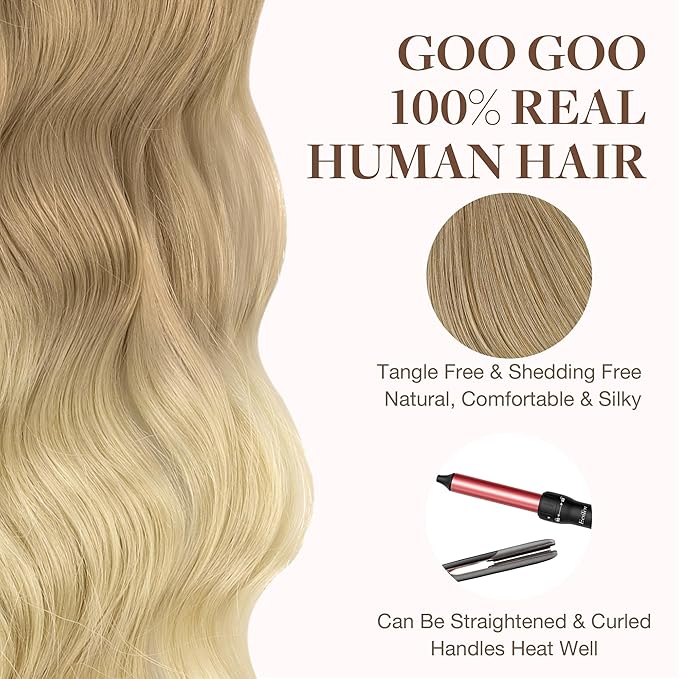 GOO GOO Tape in Hair Extensions Human Hair, O18G/22G Ombre Beige Blonde with Ash Highlights, 16inch 50g 20pcs, Skin Weft Seamless Invisible, Silky Straight with Thick Ends, Remy Human Hair
