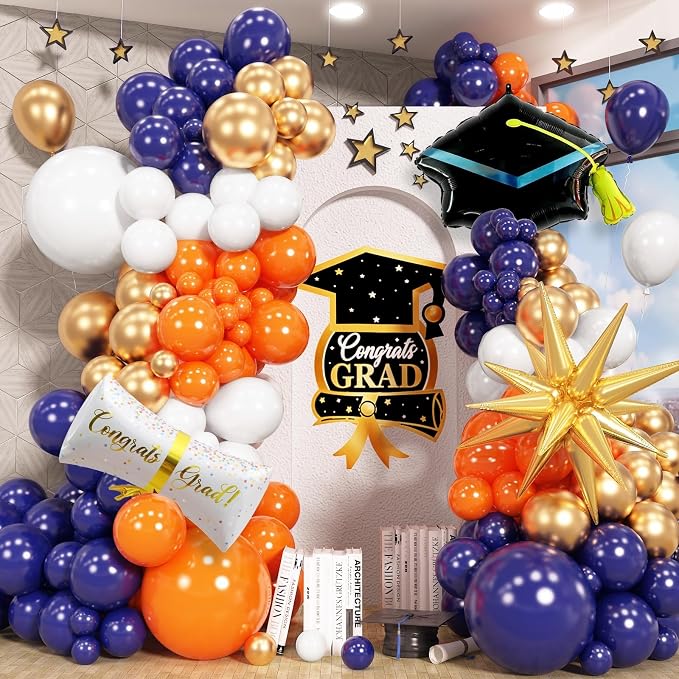 Blue and Orange Graduation Balloons Arch Garland Kit, Prom Graduation Party by Jobkoo