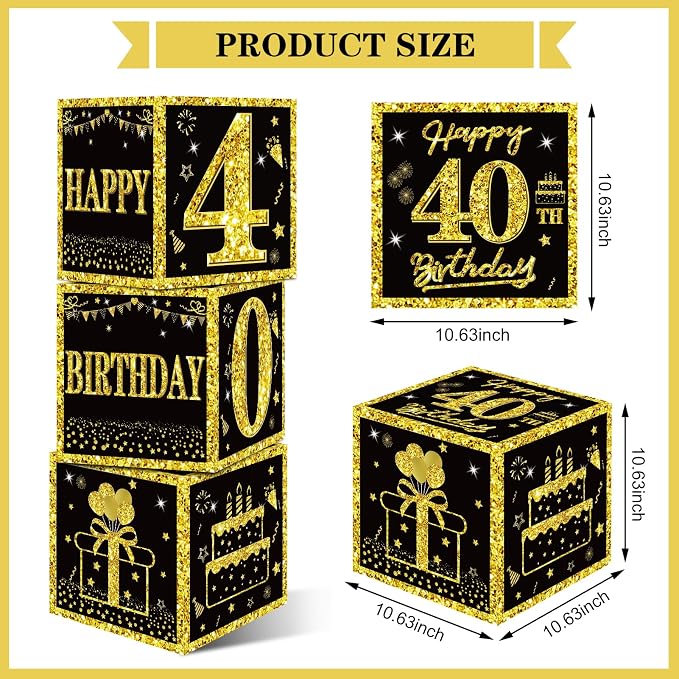 Eiurteao 3pcs Black Gold 40th Birthday Decorations Boxes - Image 3
