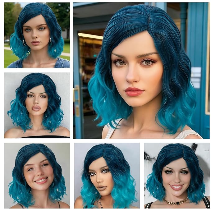 BUFASHION 14" Women Short Ombre Blue Kinky Straight Cosplay Synthetic Wigs With Air Bangs 46 Colors Available (Ombre Blue)